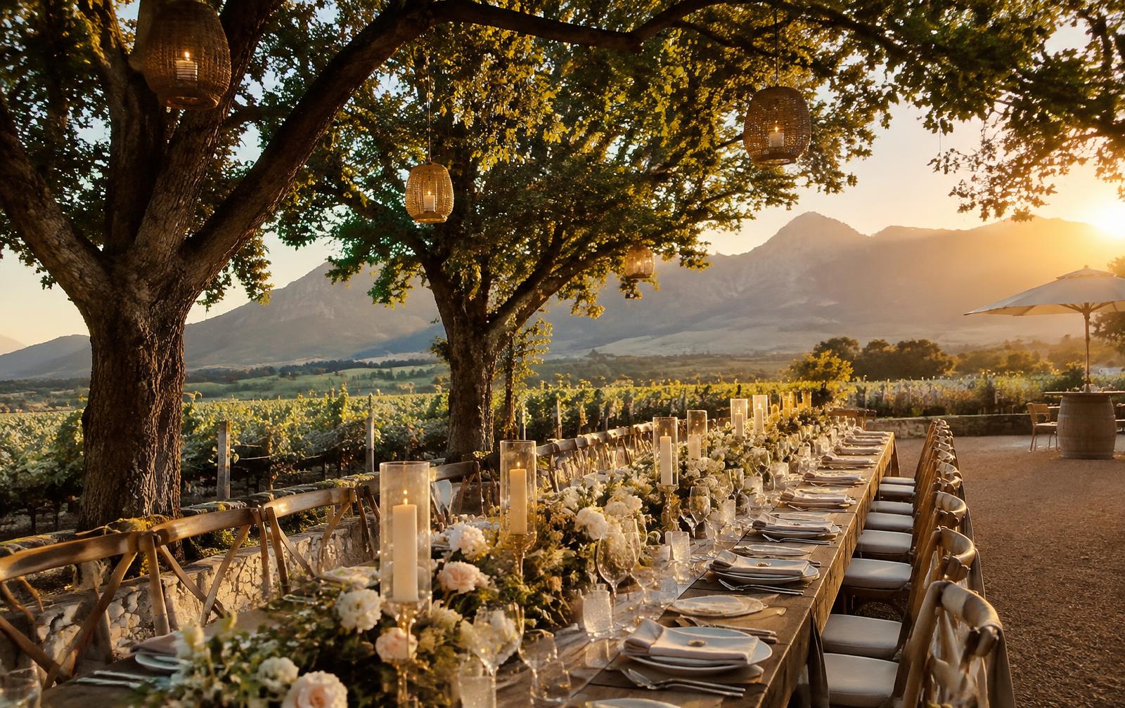 Long wedding table set under oak trees at a South African vineyard at sunset